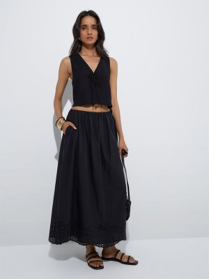 LOV Black Schiffli Detailed High-Rise Cotton Skirt