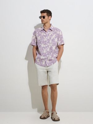 WES Casuals Lavender Floral Relaxed-Fit Cotton Shirt