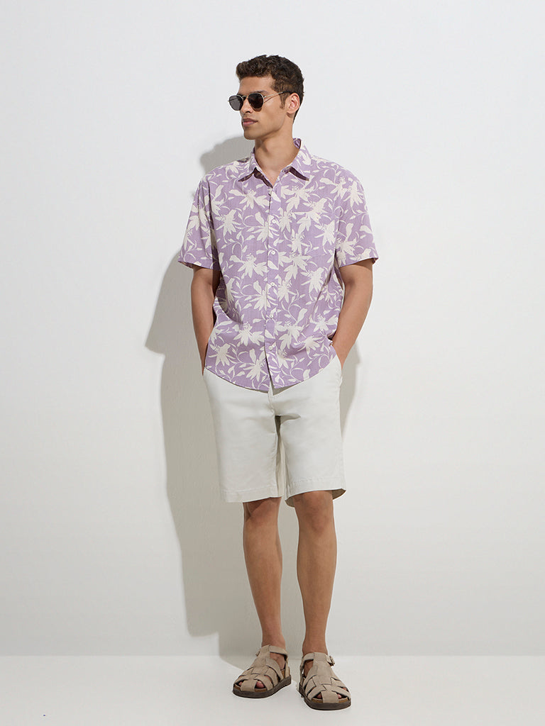 WES Casuals Lavender Floral Relaxed-Fit Cotton Shirt