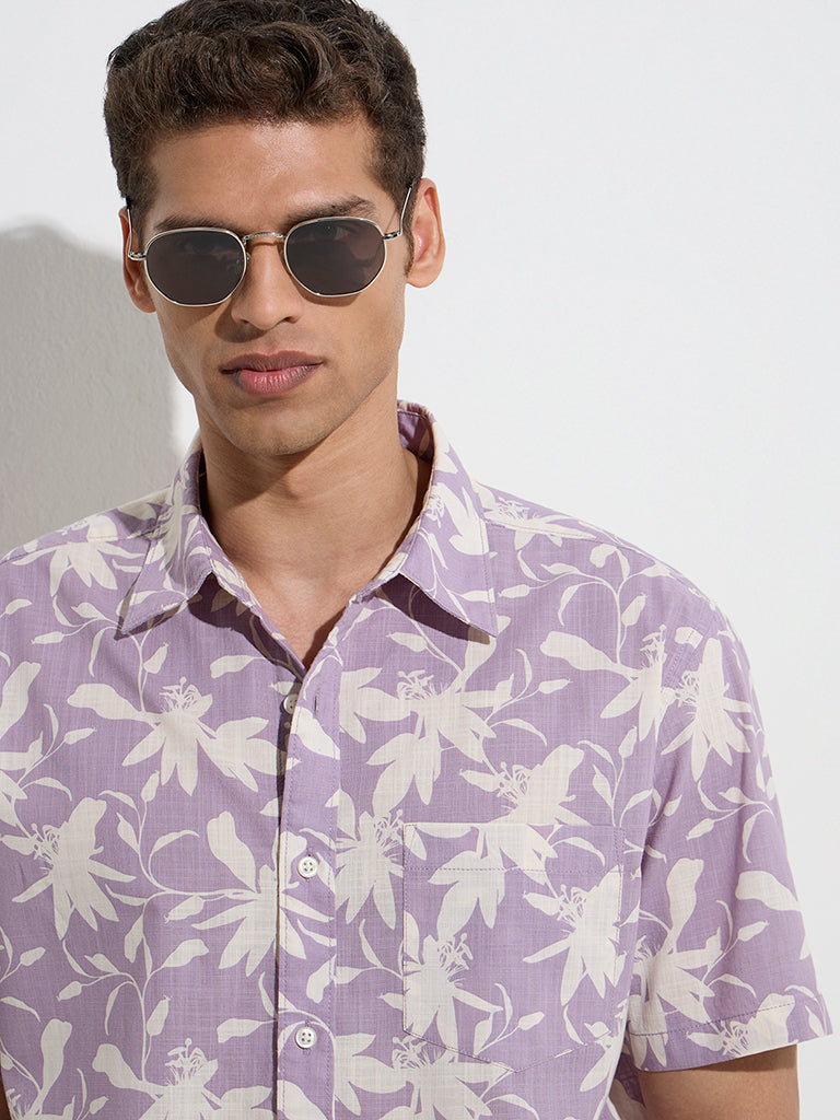 WES Casuals Lavender Floral Relaxed-Fit Cotton Shirt - Image 3