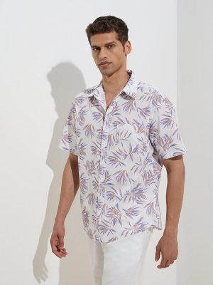 WES Casuals Lavender Leaf Printed Relaxed-Fit Cotton Shirt