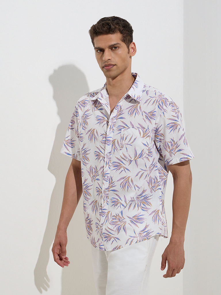 WES Casuals Lavender Leaf Printed Relaxed-Fit Cotton Shirt