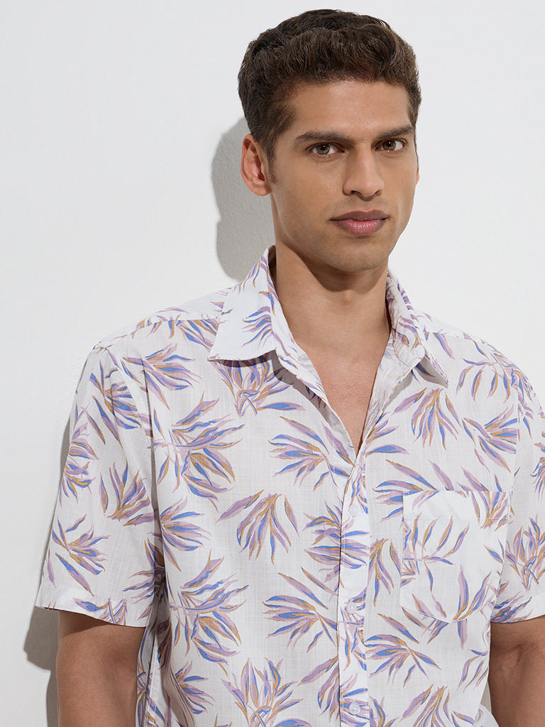 WES Casuals Lavender Leaf Printed Relaxed-Fit Cotton Shirt - Image 3