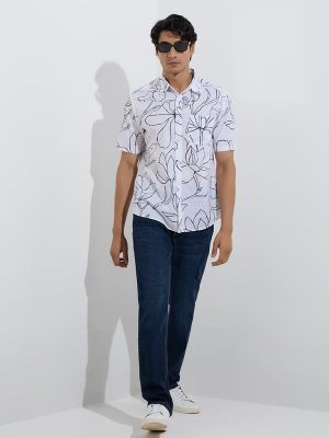 WES Casuals White Floral Design Relaxed-Fit Cotton Shirt