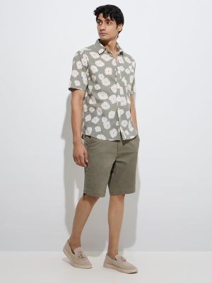WES Casuals Sage Floral Print Relaxed-Fit Cotton Shirt