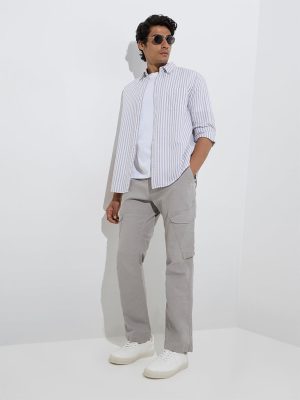 WES Casuals Grey Striped Relaxed-Fit Cotton-Blend Shirt