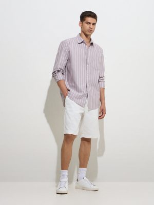WES Casuals Light Mauve Striped Relaxed-Fit Cotton Shirt
