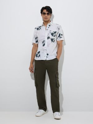 WES Casuals Light Grey Floral Relaxed-Fit Cotton Shirt