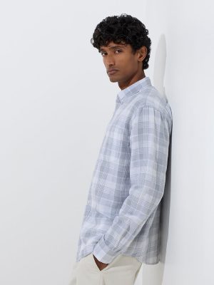 WES Casuals Grey Checks Relaxed-Fit Linen-Blend Shirt