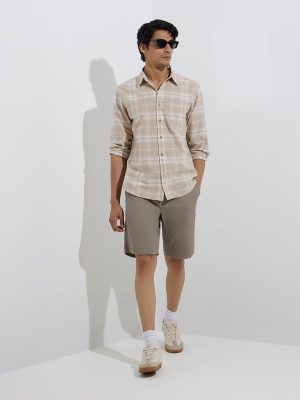 WES Casuals Taupe Checkered Relaxed-Fit Cotton Shirt