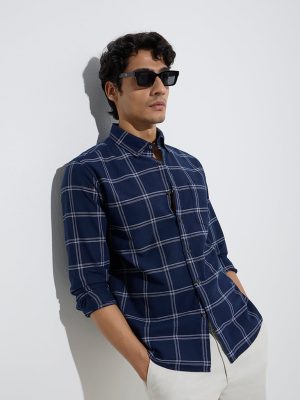 WES Casuals Indigo Checkered Relaxed-Fit Cotton Shirt