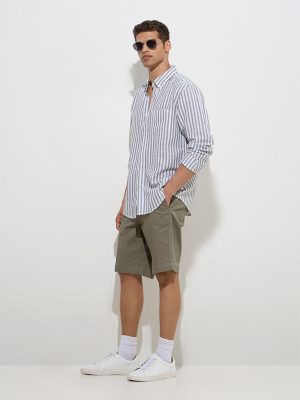 WES Casuals Olive Striped Relaxed-Fit Cotton-Blend Shirt