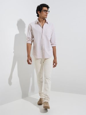 WES Casuals Beige Striped Relaxed-Fit Cotton Shirt