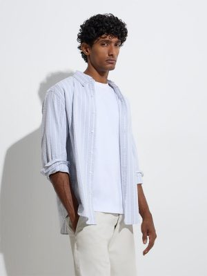 WES Casuals Light Blue Striped Relaxed-Fit Cotton Shirt