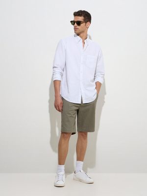 WES Casuals White Seersucker Striped Relaxed-Fit Cotton Shirt