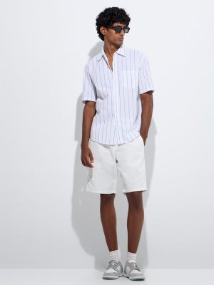 WES Casuals White Striped Relaxed-Fit Cotton Shirt