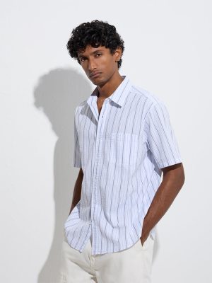 WES Casuals Light Blue Striped Relaxed-Fit Cotton Shirt