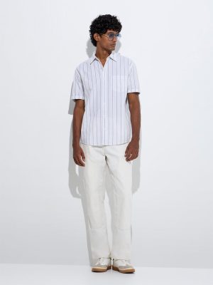 WES Casuals White Striped Relaxed-Fit Cotton Shirt