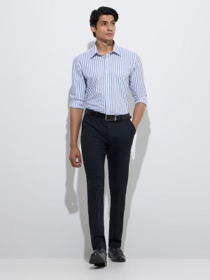 WES Formals Blue Stripe Printed Relaxed-Fit Cotton Shirt
