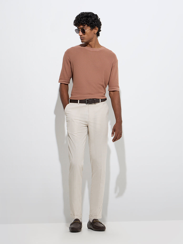 WES Formals Beige Checkered Relaxed-Fit Mid-Rise Trousers