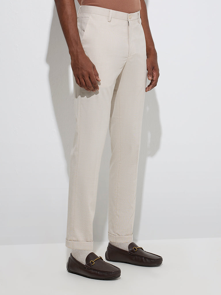 WES Formals Beige Checkered Relaxed-Fit Mid-Rise Trousers - Image 2