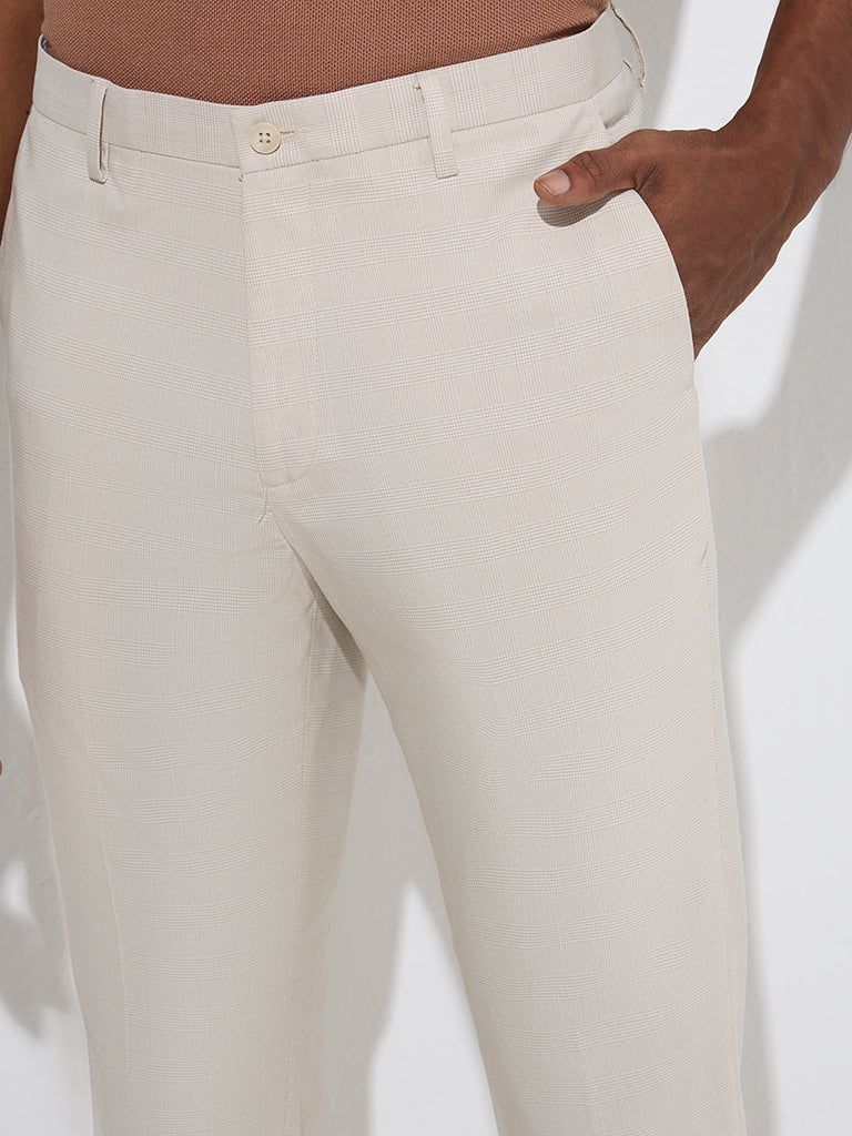 WES Formals Beige Checkered Relaxed-Fit Mid-Rise Trousers - Image 3