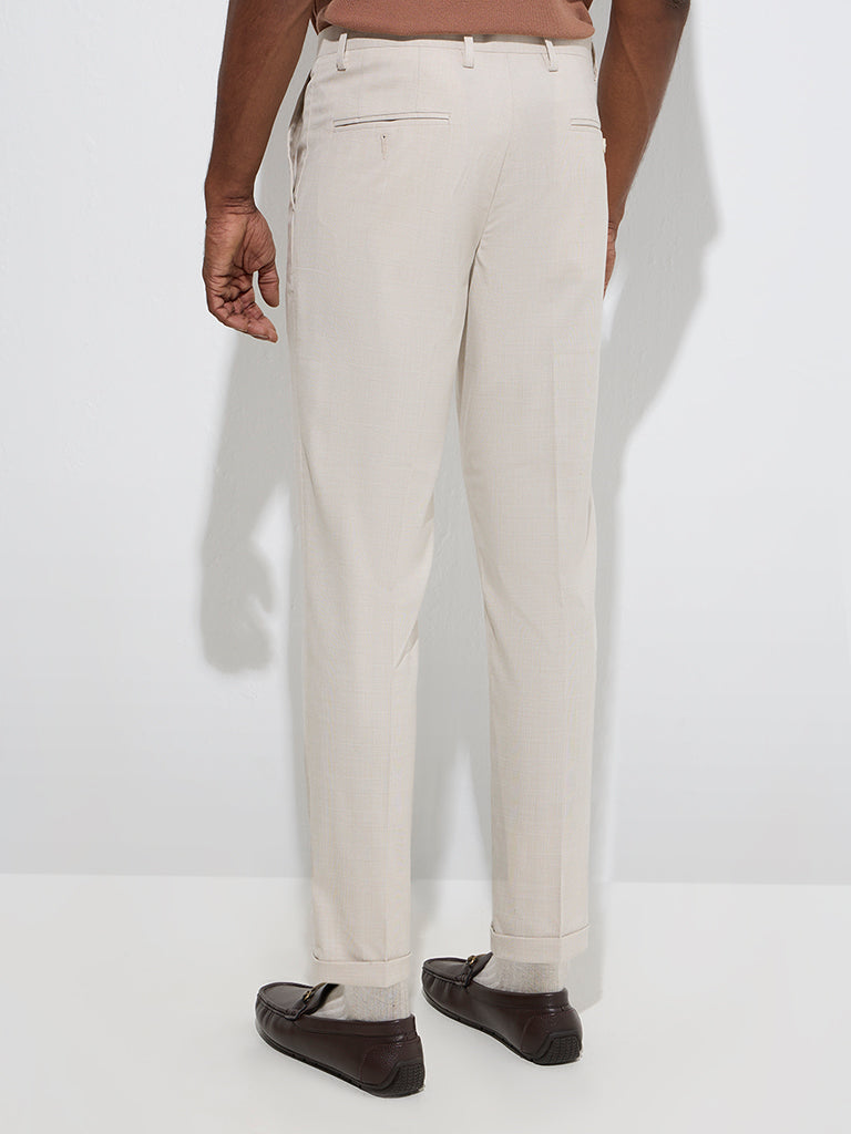 WES Formals Beige Checkered Relaxed-Fit Mid-Rise Trousers - Image 4