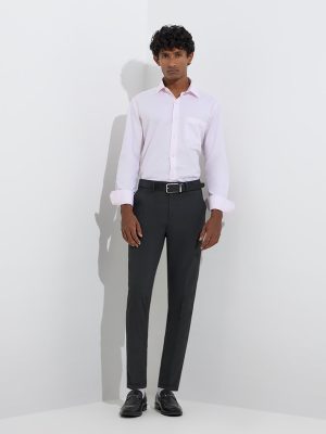 WES Formals Black Self Design Relaxed-Fit Mid-Rise Trousers