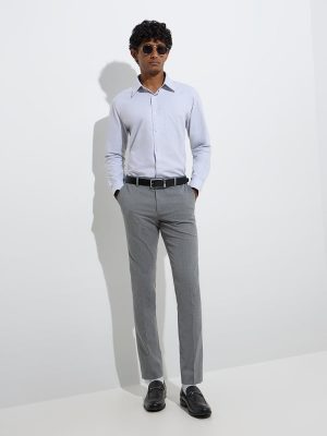 WES Formals Grey Self Ultra-Slim Fit Mid-Rise Trousers