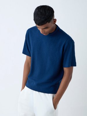 Studiofit Dark Blue Self-Textured Relaxed-Fit Cotton-Blend T-Shirt