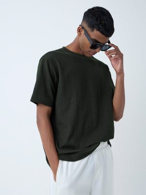 Studiofit Olive Self-Textured Relaxed-Fit Cotton-Blend T-Shirt