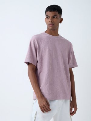 Studiofit Dusty Pink Self-Textured Relaxed-Fit Cotton-Blend T-Shirt