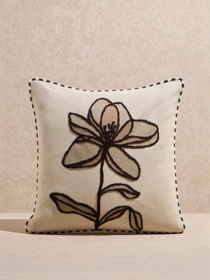 Westside Home Beige Floral Embroidered Cushion Cover