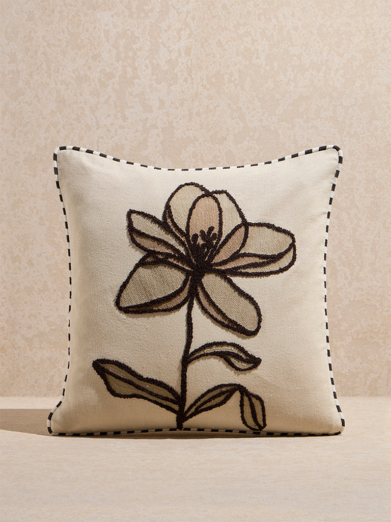 Westside Home Beige Floral Embroidered Cushion Cover