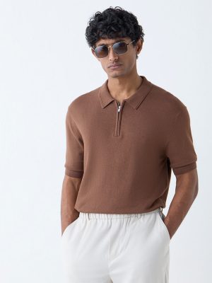 WES Formals Brown Relaxed-Fit Quarter-Zip Cotton-Blend Polo T-Shirt
