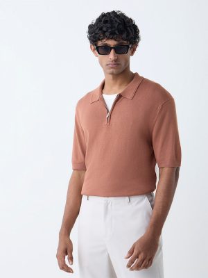 WES Formals Rust Relaxed-Fit Quarter-Zip Cotton-Blend Polo T-Shirt