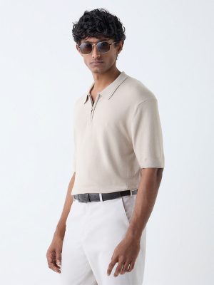WES Formals Beige Relaxed-Fit Quarter-Zip Cotton-Blend Polo T-Shirt