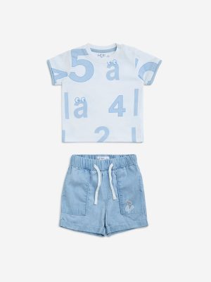 HOP Baby Blue Numerical Print Cotton T-Shirt and Shorts Set