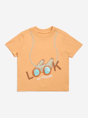 HOP Kids Orange Printed Cotton T-Shirt