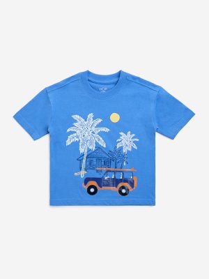 HOP Kids Blue Printed Cotton T-Shirt