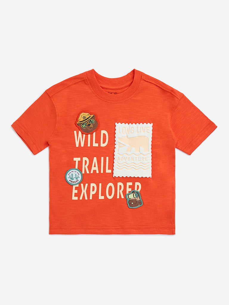 HOP Kids Orange Text Detailed Cotton T-Shirt