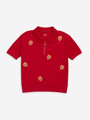 HOP Kids Red Animal Design Cotton Quarter-Zip T-Shirt