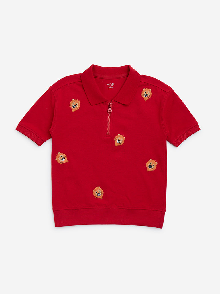 HOP Kids Red Animal Design Cotton Quarter-Zip T-Shirt