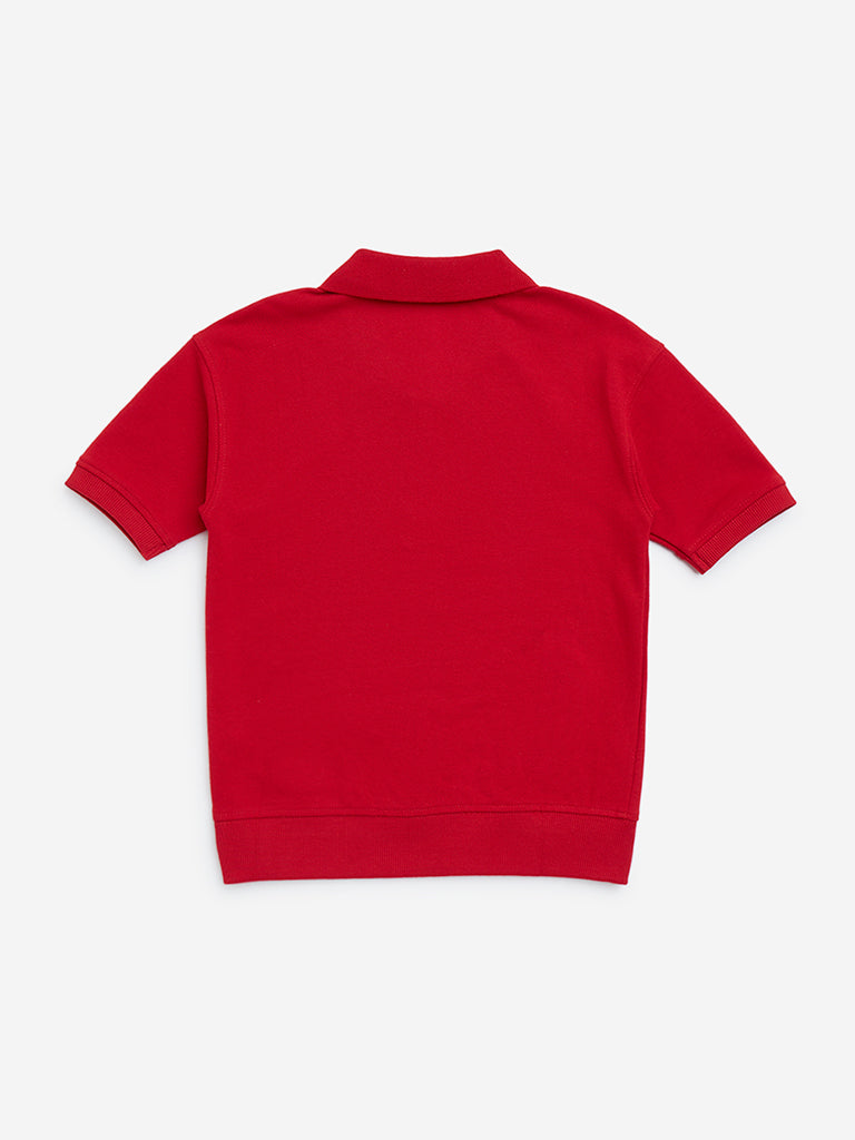 HOP Kids Red Animal Design Cotton Quarter-Zip T-Shirt - Image 2