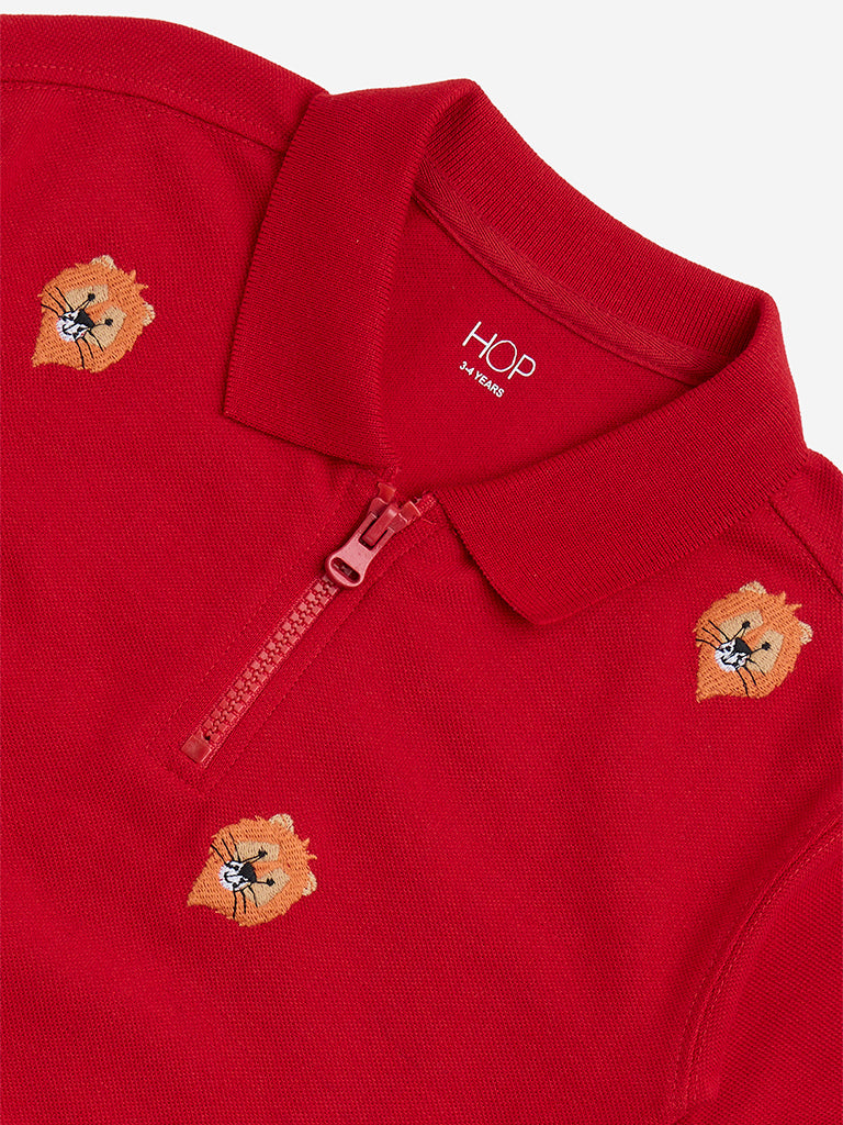 HOP Kids Red Animal Design Cotton Quarter-Zip T-Shirt - Image 3