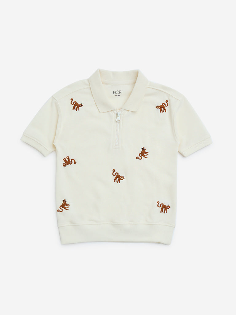HOP Kids White Animal Design Cotton Quarter-Zip T-Shirt - Image 4
