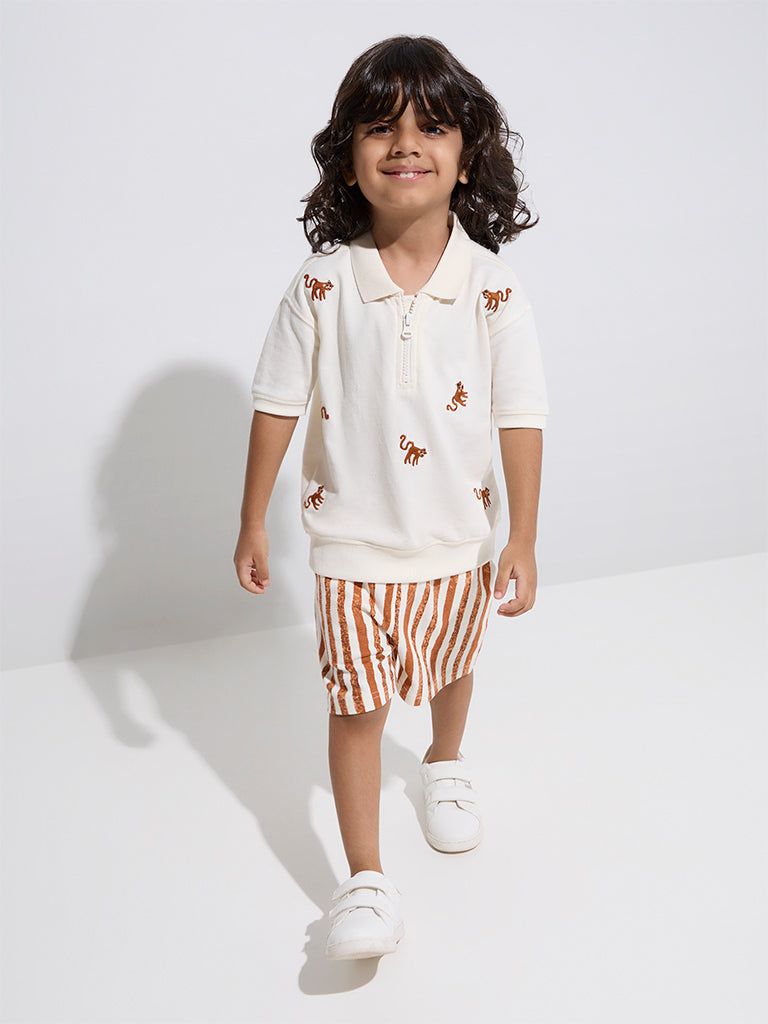 HOP Kids White Animal Design Cotton Quarter-Zip T-Shirt