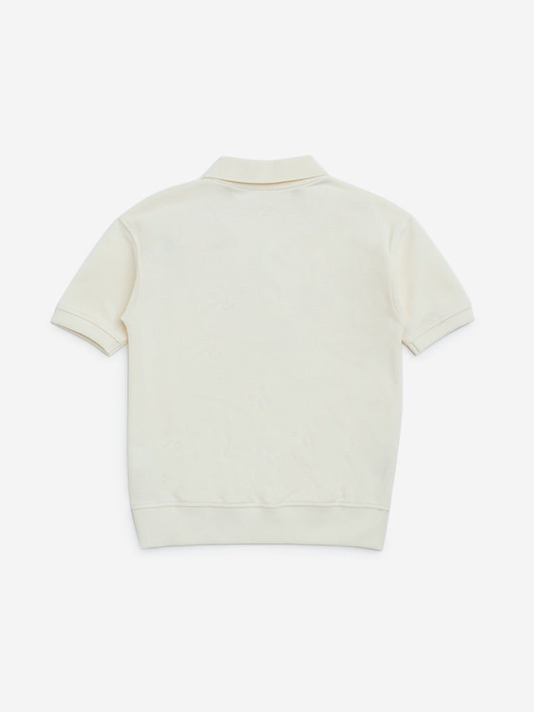 HOP Kids White Animal Design Cotton Quarter-Zip T-Shirt - Image 5