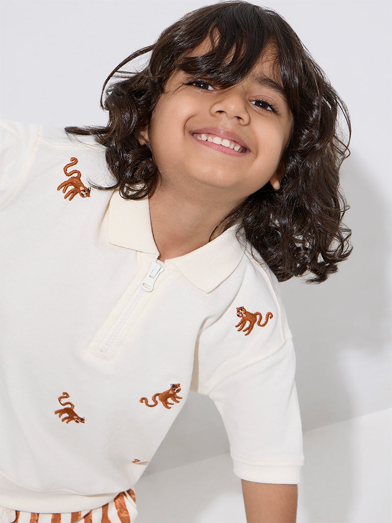 HOP Kids White Animal Design Cotton Quarter-Zip T-Shirt - Image 2