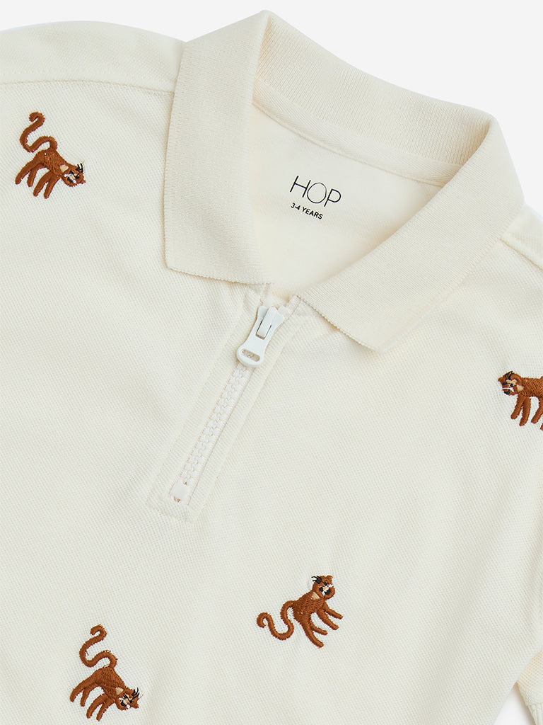 HOP Kids White Animal Design Cotton Quarter-Zip T-Shirt - Image 6